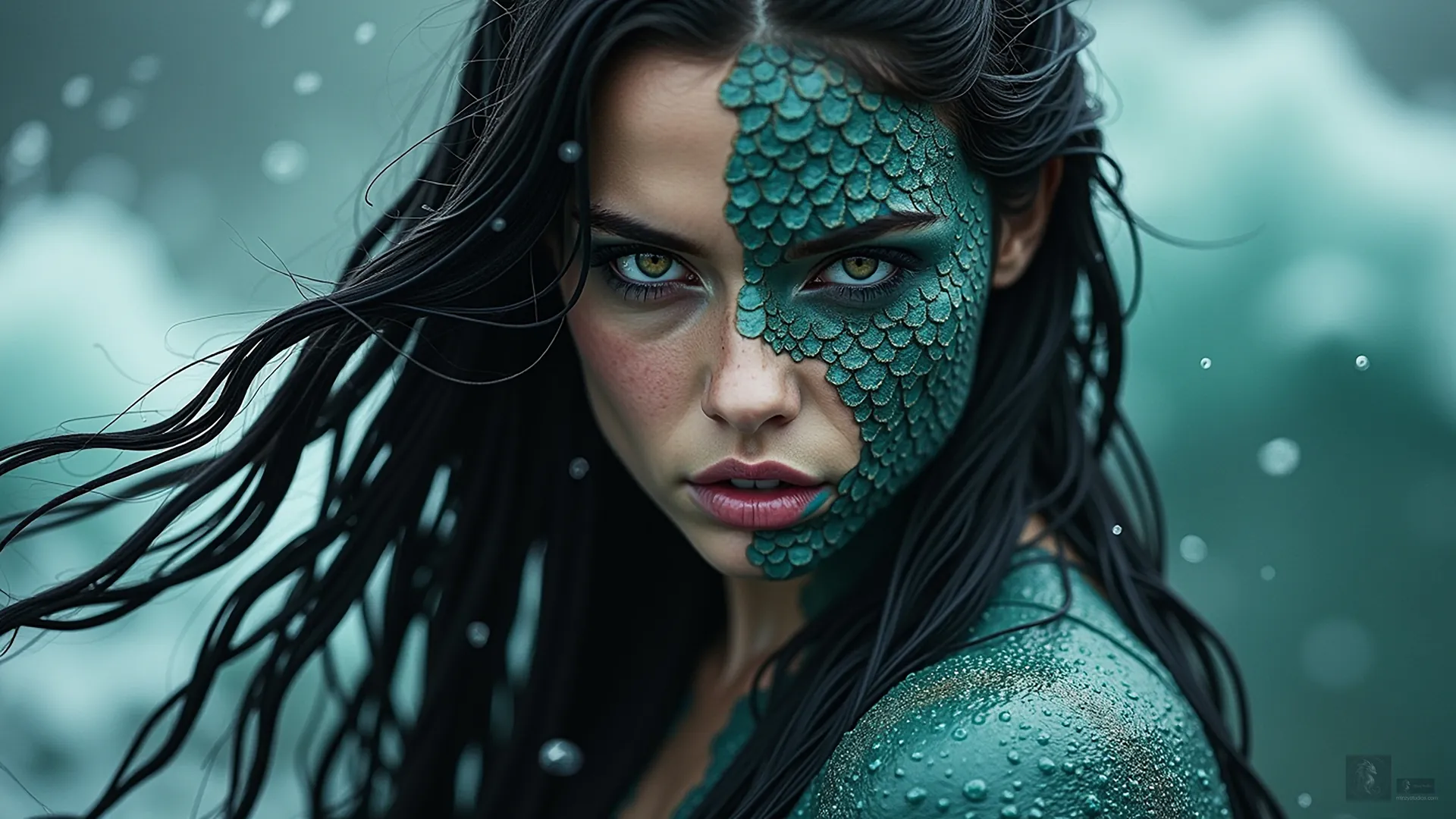 Tiamatt in human form, a dark-haired woman with teal dragon scales across one side of her face, in sea mist