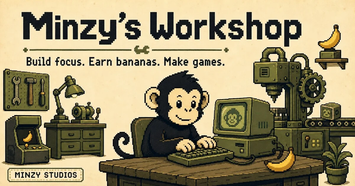 Pixel-art workshop with The Boss at a computer, tools, gears, and banana-powered machines