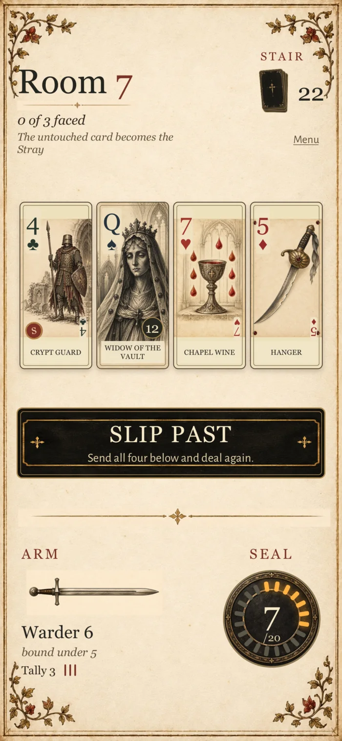 Room 7 with four cards, a bound sword, and seven Seal remaining