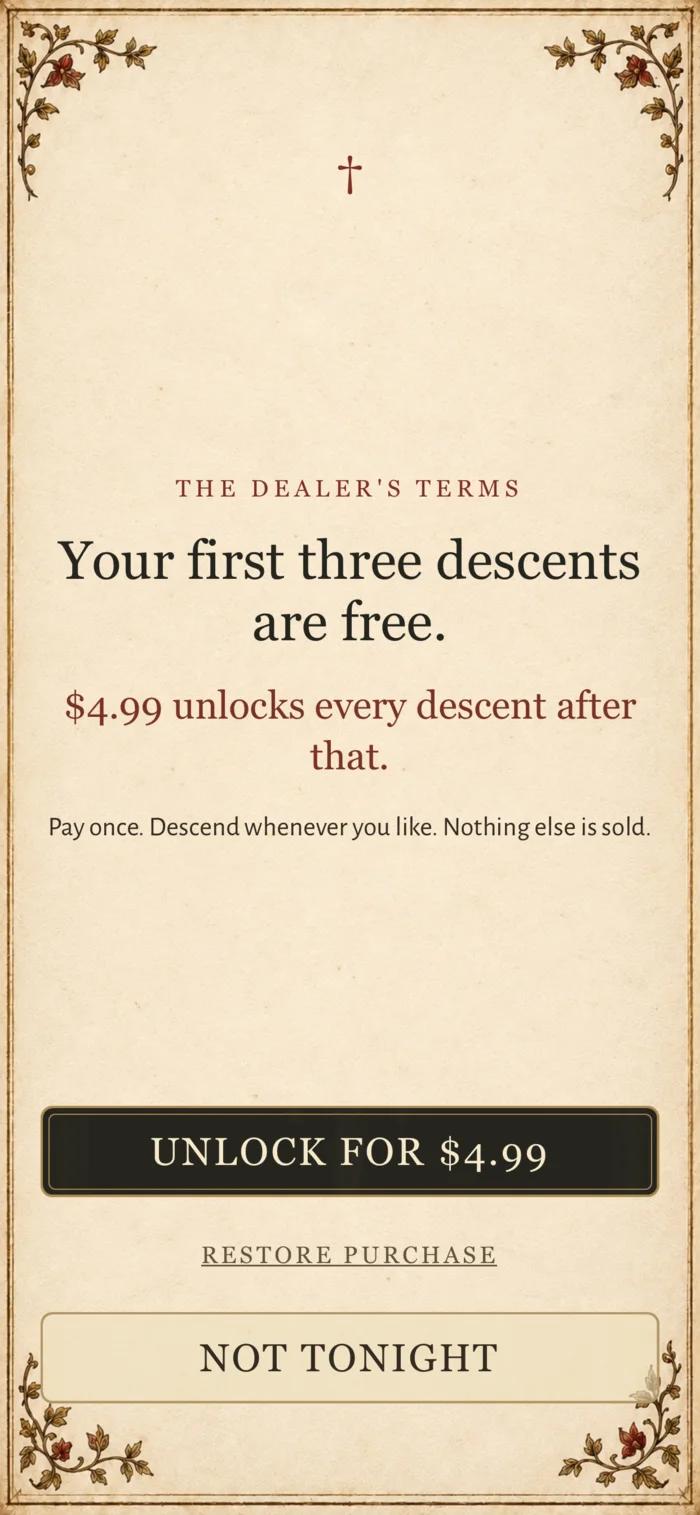 The Dealer's Terms screen for the permanent unlock