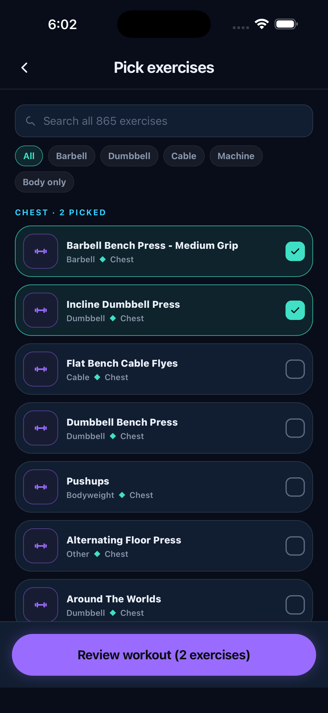 Exercise picker for building a workout