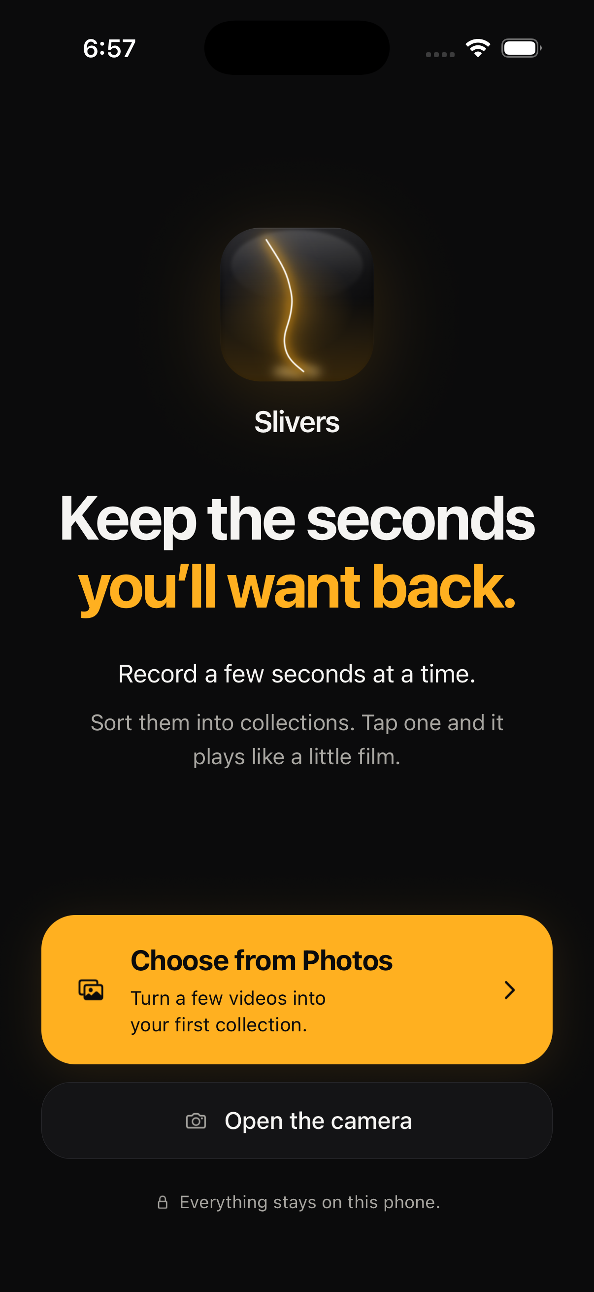 Slivers welcome screen with options to choose videos from Photos or open the camera