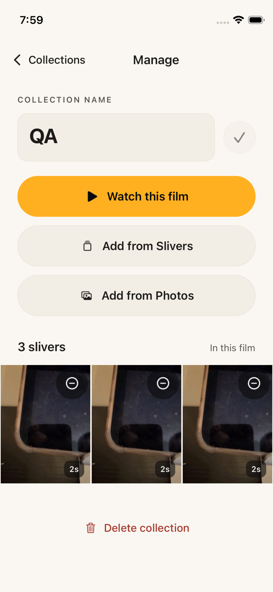 A collection with Add from Slivers and Add from Photos actions