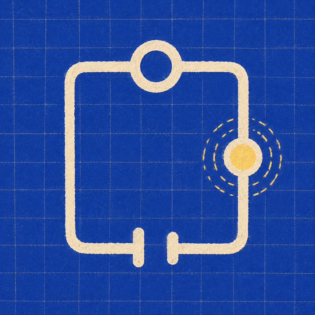SOLN app icon with a cream hand-drawn circuit and soft yellow terminal on cobalt graph paper