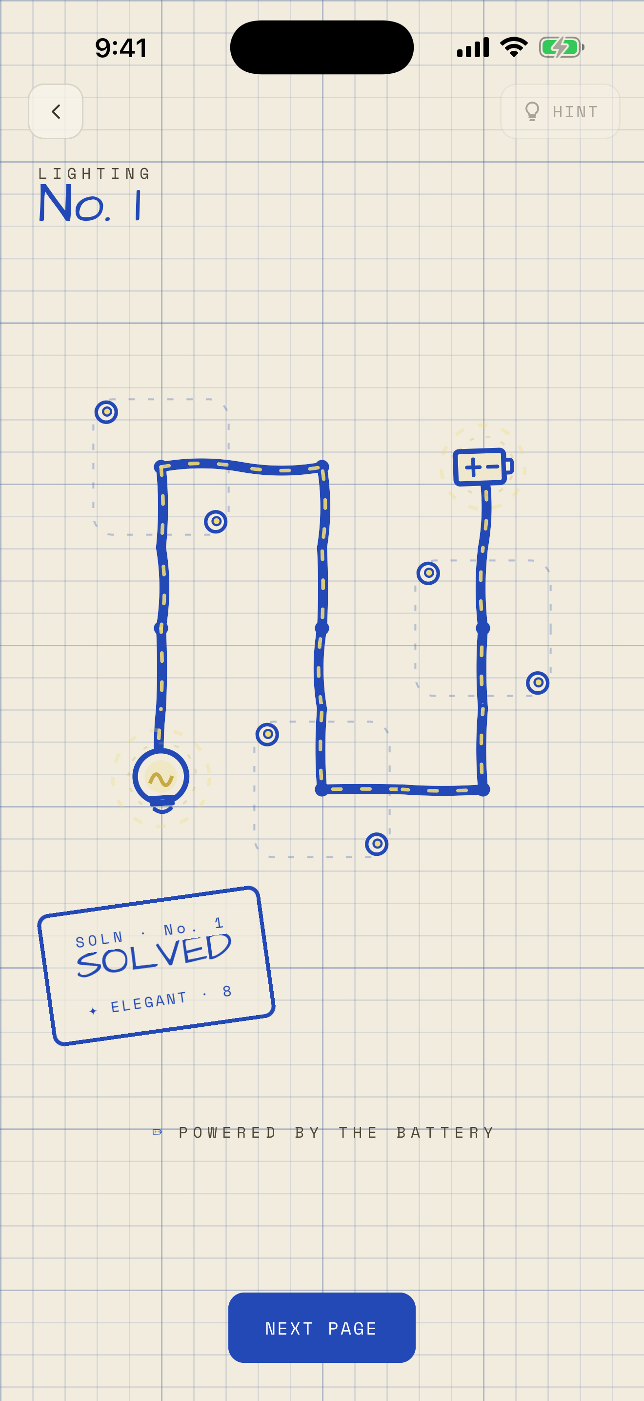 A solved Lighting circuit glowing with soft yellow ink power