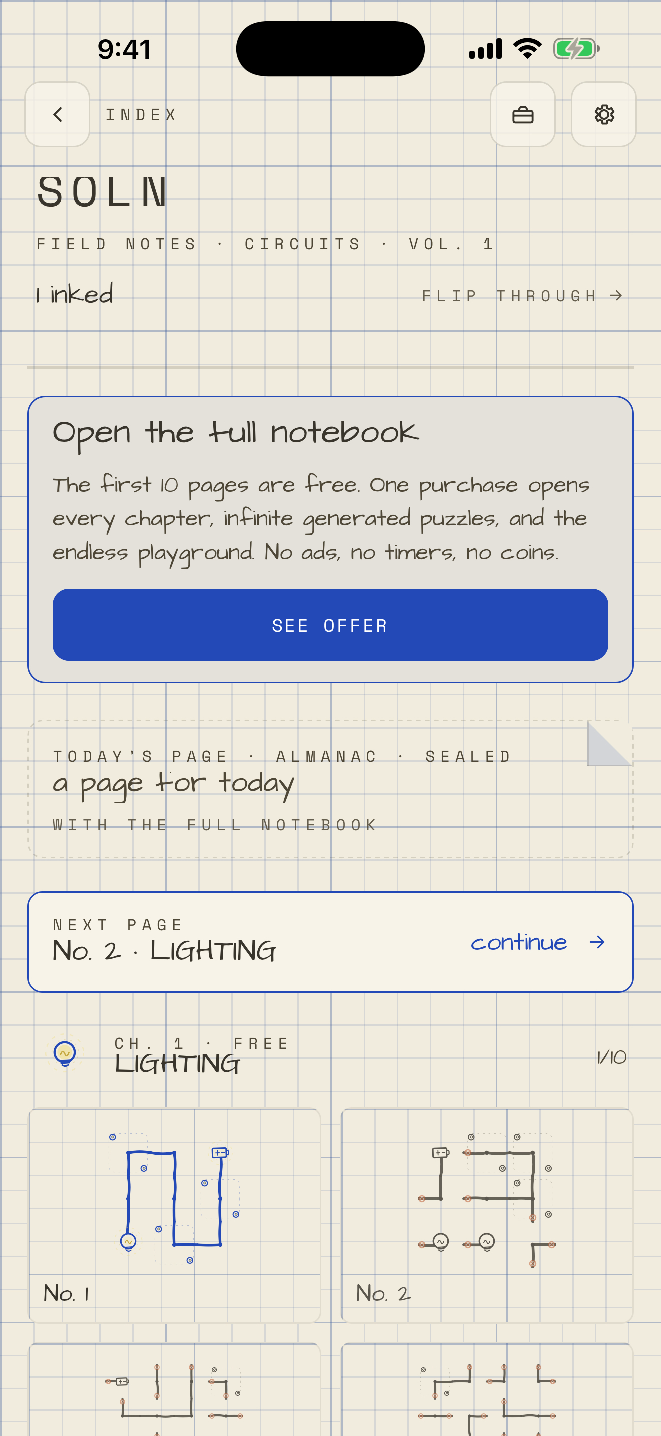 The SOLN notebook showing puzzle progress and the free-play boundary