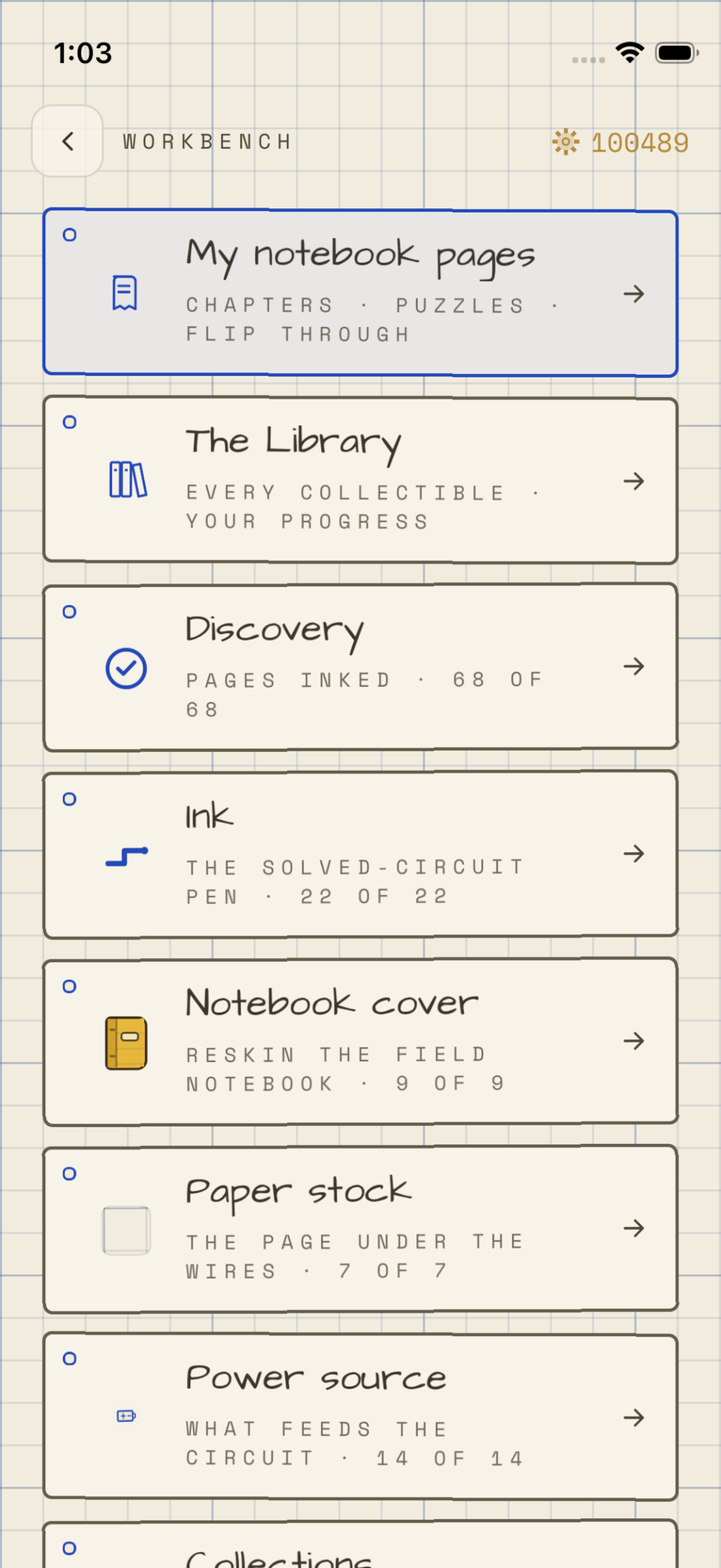 The Workshop overview with categories earned through play