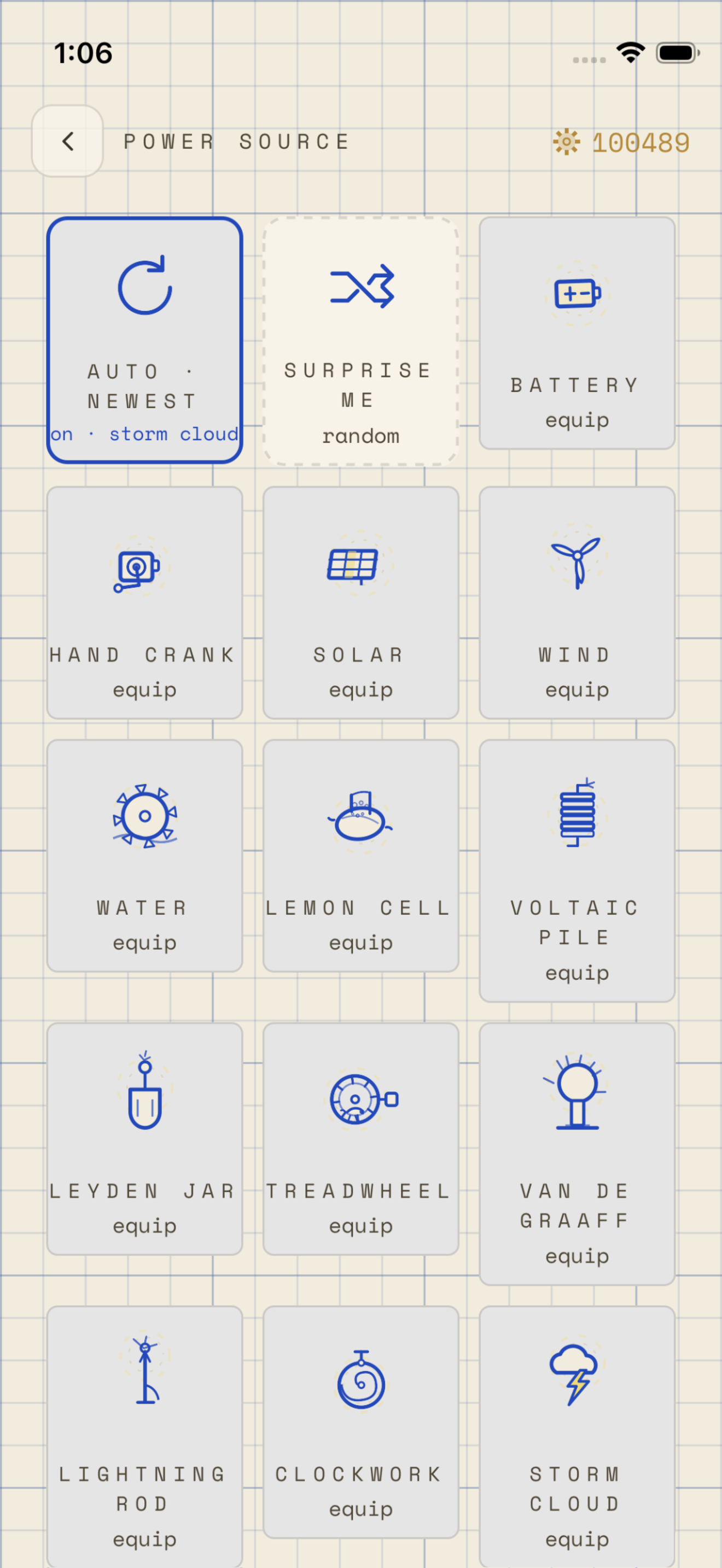 A grid of hand-drawn power sources available to unlock