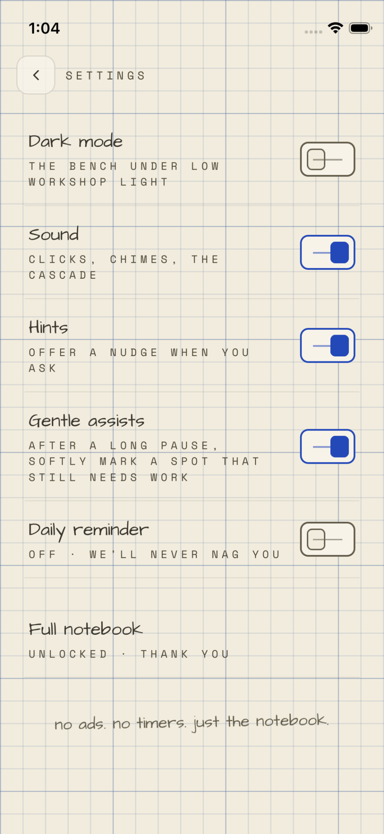 SOLN Settings with Sound, visual theme, hints, and gentle assists